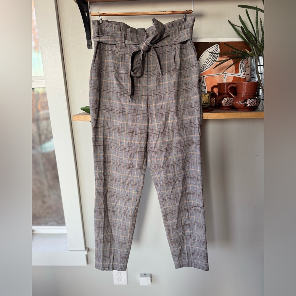 Express Gray Burgundy Plaid Ankle High Rise Tie Belt Dress Pants Sz 8